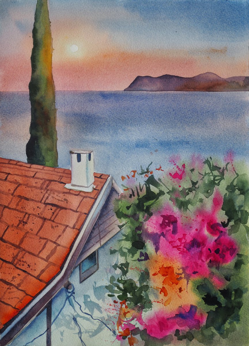 Mediterranean life - original watercolor cityscape seaview by Delnara El