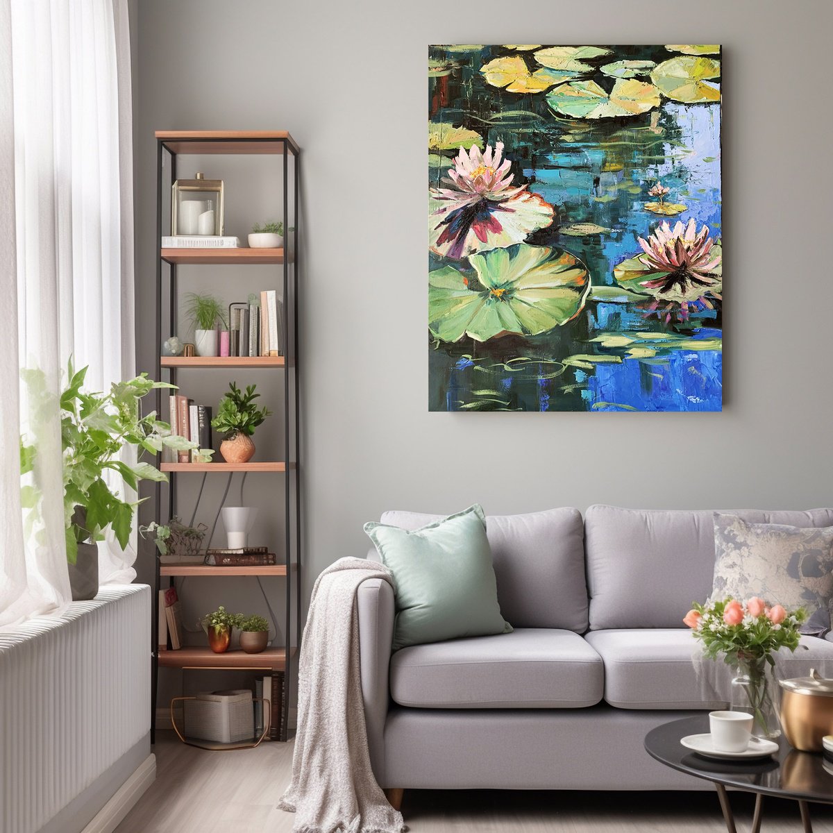 Expressive Landscape Oil Painting By Vita Schagen, 31 X 39", Pond With Water Lilies., Original Artwork