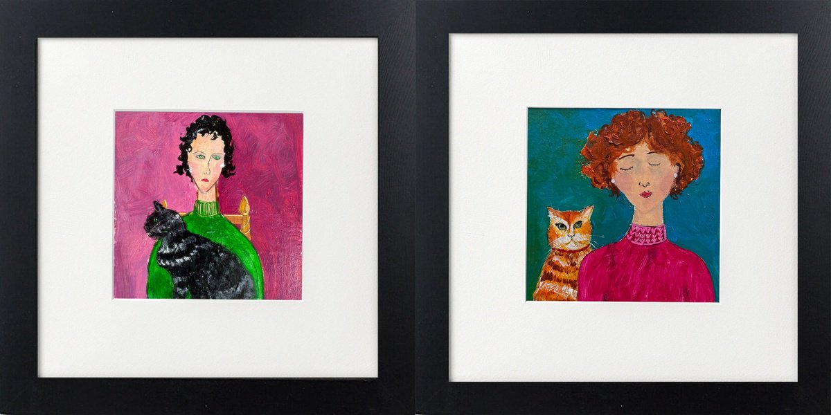 Expressive Oil Painting , Two Women Portraits With Cats By Teresa Tanner, 10 X 10, Artwork For Sale On Artfinder