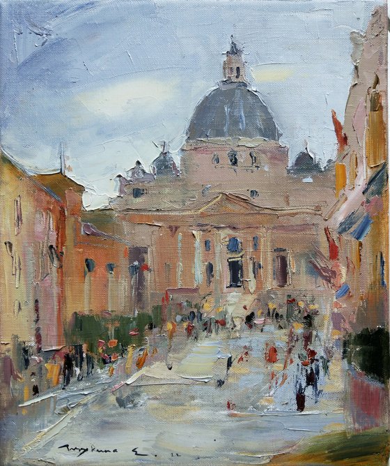 View of the Vatican. Rome , Cathedral of Saint Peter. Original plein air oil painting .