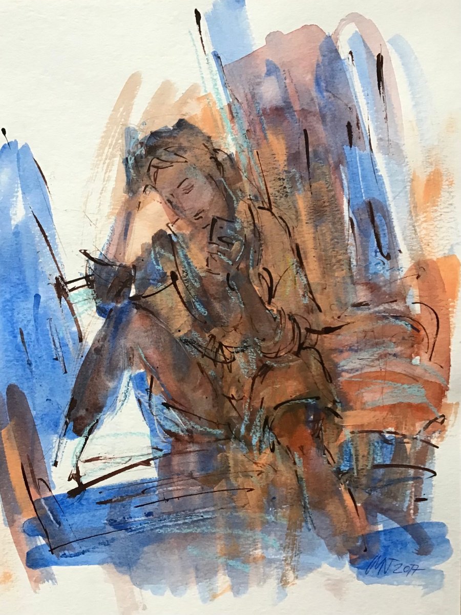 Impressionistic Portrait Watercolour By Nelina Trubach-Moshnikova, 12 X 16", An Answer 4, Original Artwork