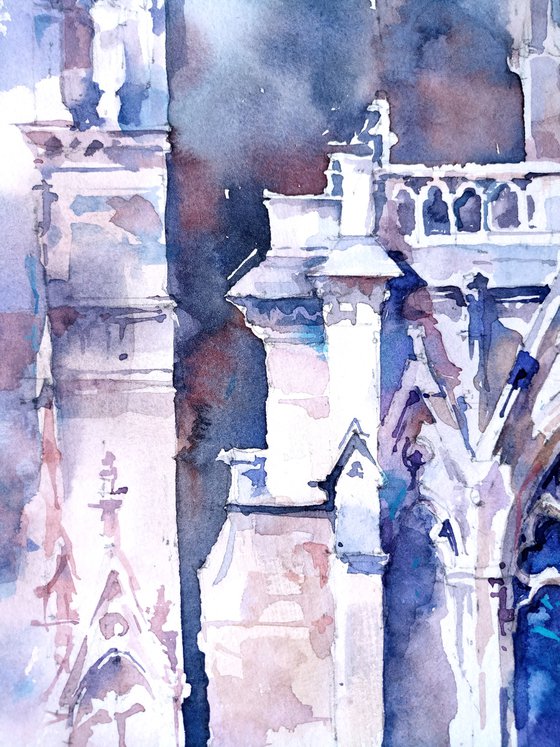 "Gothic window of the cathedral of notre dame in Paris, France"  architectural landscape - Original watercolor painting