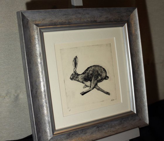 Running Hare Monoprint, Monotype Print, Framed and Ready to Hang