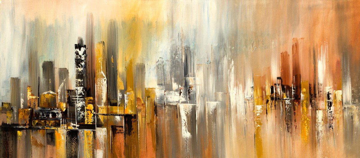 Urban And Pop Cityscapes Acrylic Painting By Madhav Singh, 75 X 33", Downtown Haze 2, Original Artwork