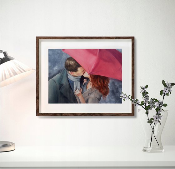 The Kiss - Lovers Kiss - Man and Woman Kissing under Red Umbrella - Valentine's Day