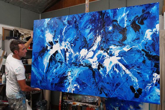 Indigo Waters 200cm x 120cm Blue White Textured Abstract Art