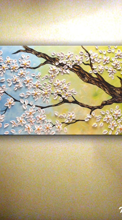Blossom Plum -  Large Textured Flowers Painting 60" x 20" by Nataliya Stupak