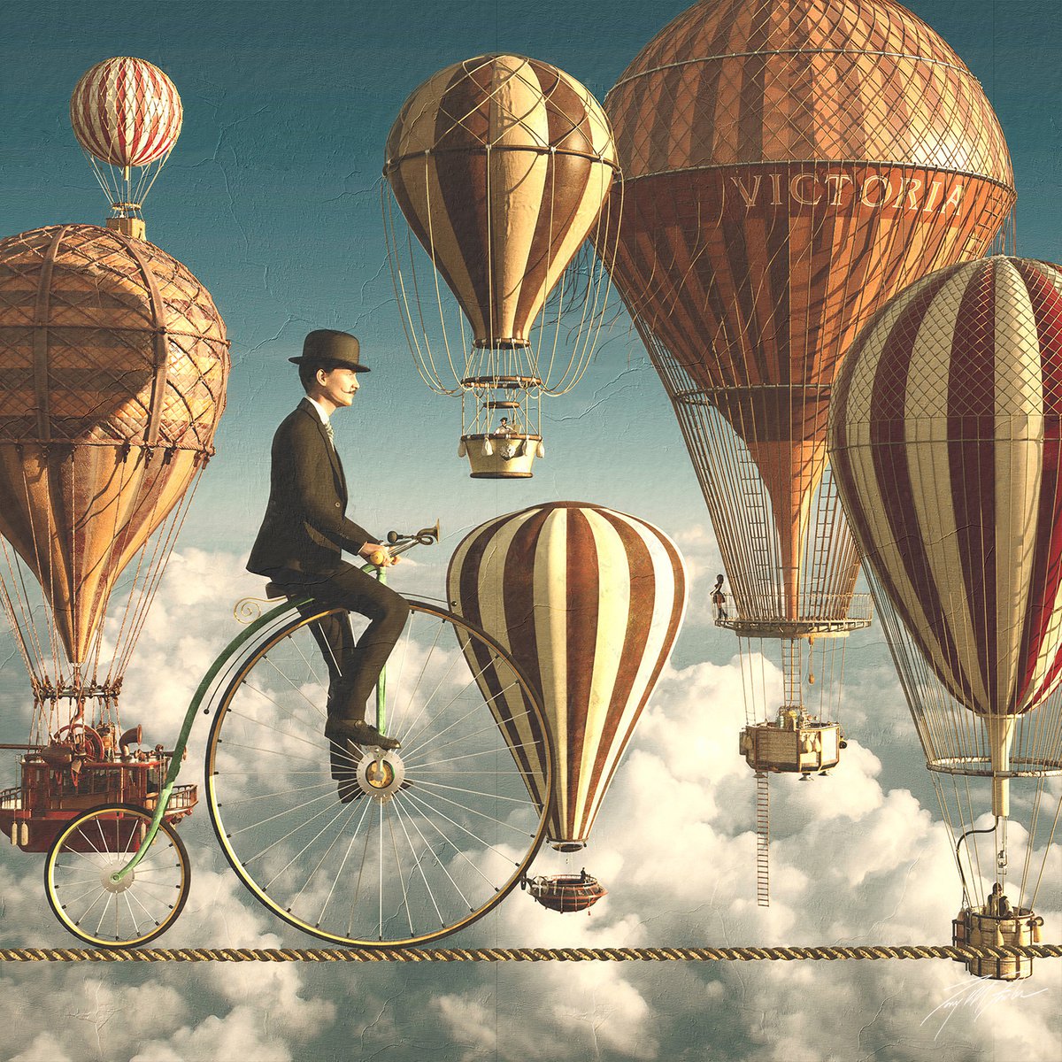 Surrealistic Portrait Giclee Print By Tony Fowler, 29 X 29", Tightrope, Original Artwork