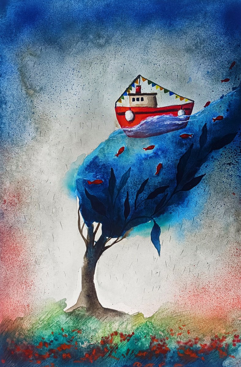 Surrealistic Landscape Watercolour By Evgenia Smirnova, 15 X 22, Where The Ocean Meets The Sky, Original Artwork