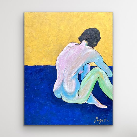 Sitting Nude - Figurative Diptych oil painting