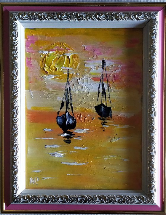 Morning race, original small boat painting, framed, gift idea, home decor