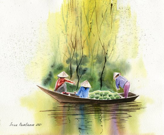 Watermelon traders on the Mikong River , River in Asia, Boat on the river , Mikong , yellow and green, straw hat, decor for living room, decor for Asiatic shop, decor in Asiatic style, gift idea for friend