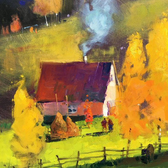 Oil on canvas painting Autumn landscape with trees and house in mountains