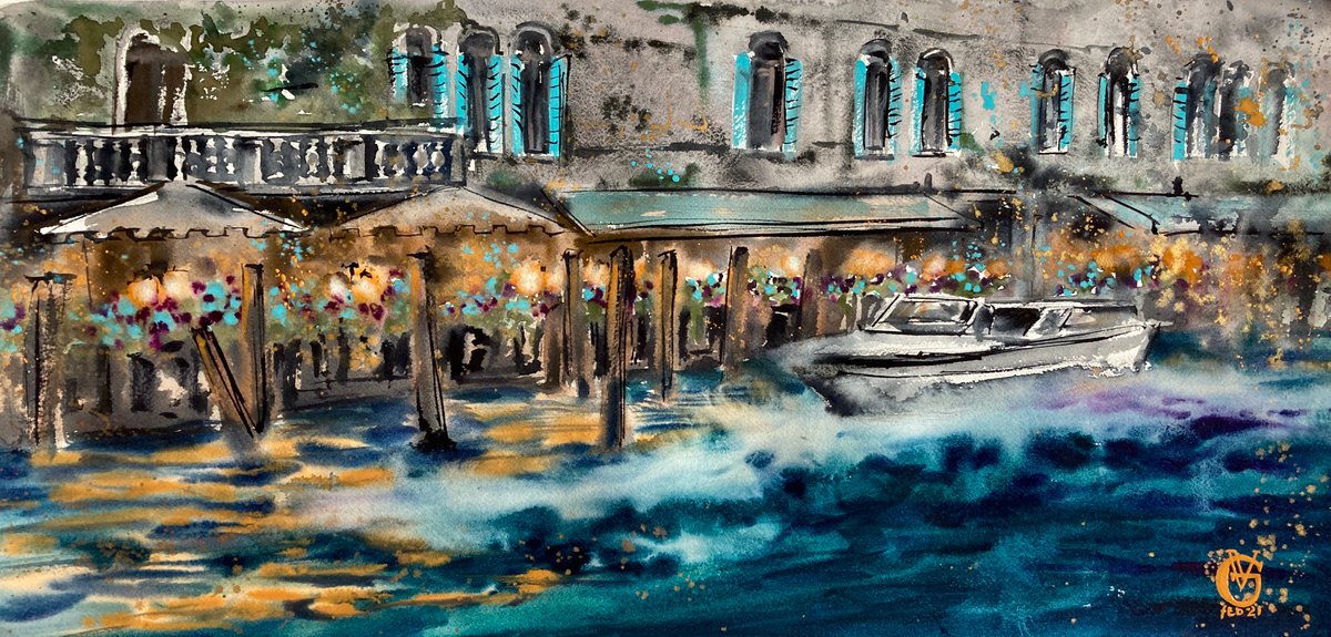 Impressionistic Landscape Watercolour By Valeria Golovenkina, 30 X 15", Night Cafe In Venice, Original Artwork