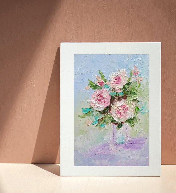 Pink Roses Painting Original Art Small Oil Artwork Flower Wall Art Floral Mini Oil Painting