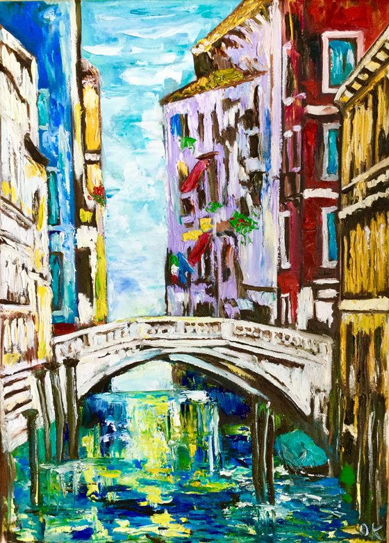 VENICE CANAL BRIDGE. PALETTE KNIFE OIL PAINTING. OFFICE URBAN WALL ART