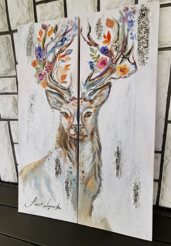 Deers in Norwegian Style: Pair of Vertical Canvases