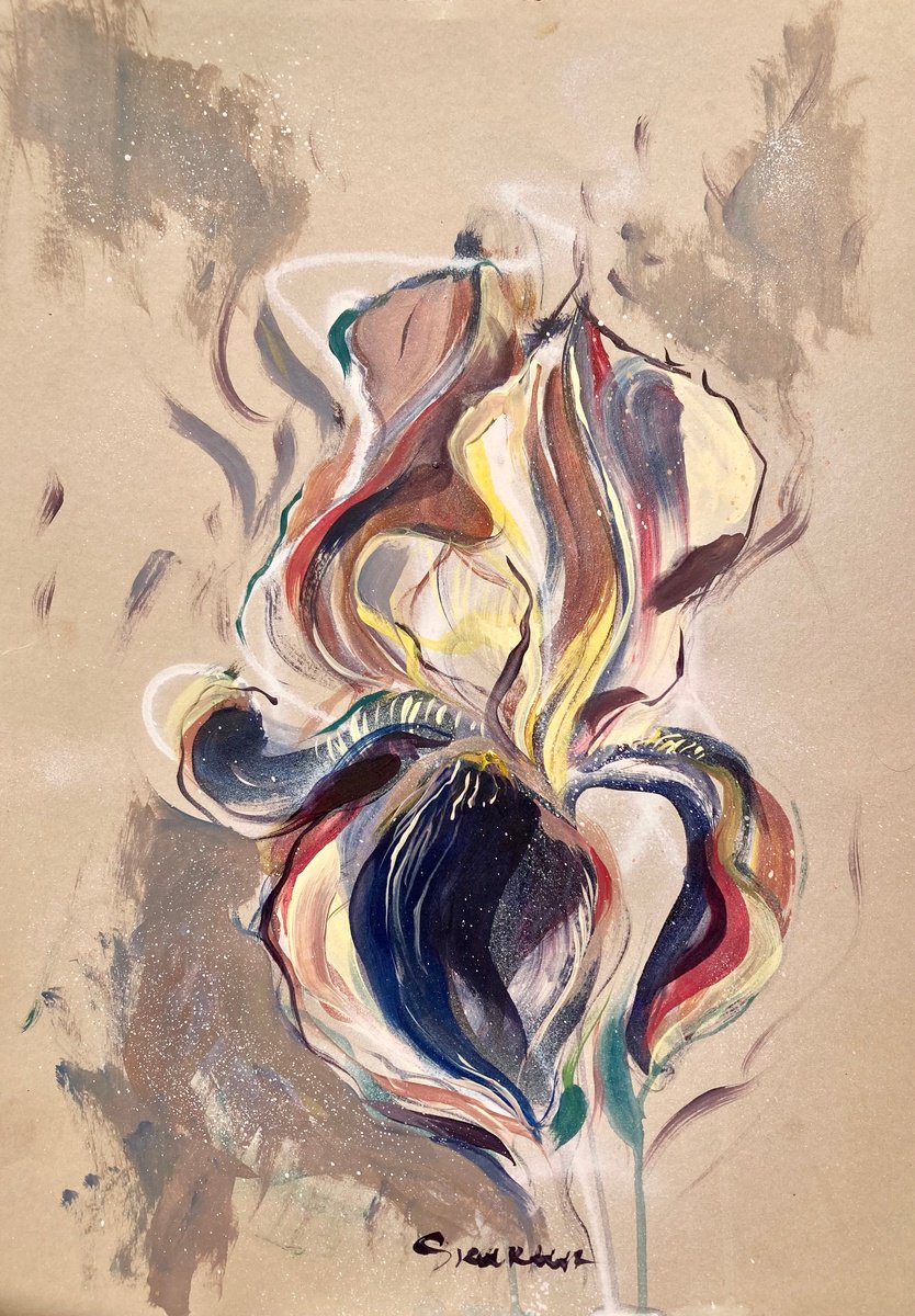 Expressive Botanical Acrylic Painting By Mari Skakun, 14 X 20", Iris Lines, Original Artwork