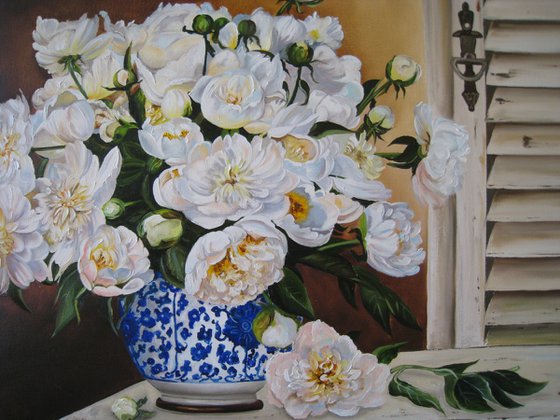White Peonies in Blue Vase