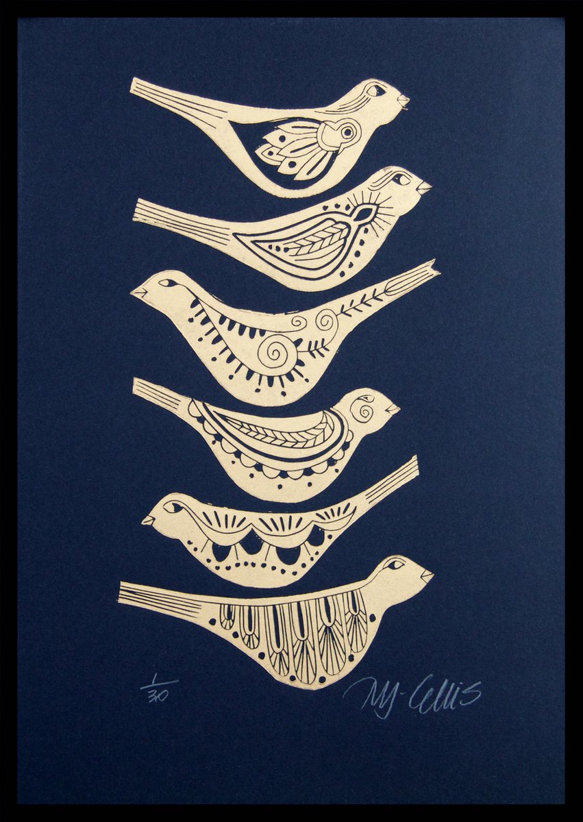 Golden birds, linocut in gold ink by Mariann Johansen-Ellis