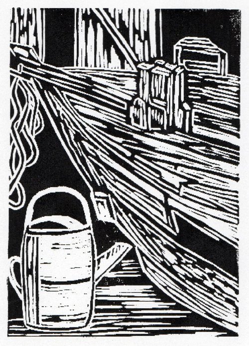 Boat and watering can linocut by Anna Robertson
