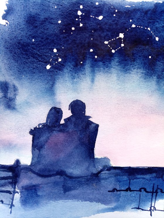 Romantic urban scene "Date on the roof" original watercolor painting