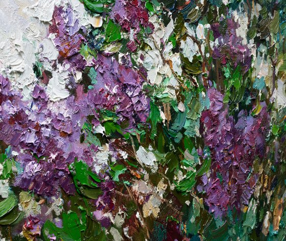 Blooming purple lilacs Original oil painting 90 x 90 cm