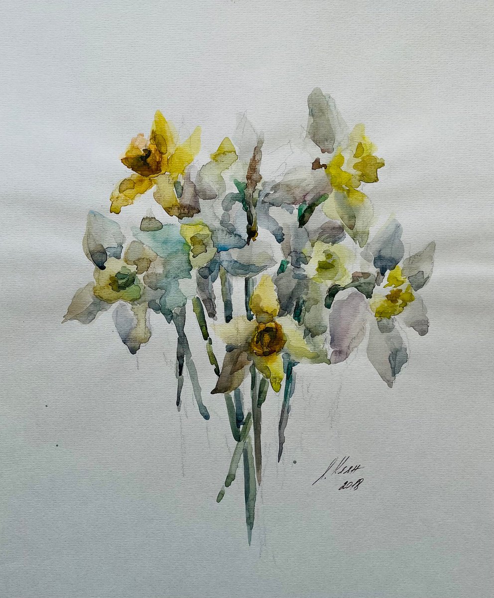 Impressionistic Still Life Drawing By Elena Klyan, 11 X 14, Bouquet Of Daffodils., Original Artwork
