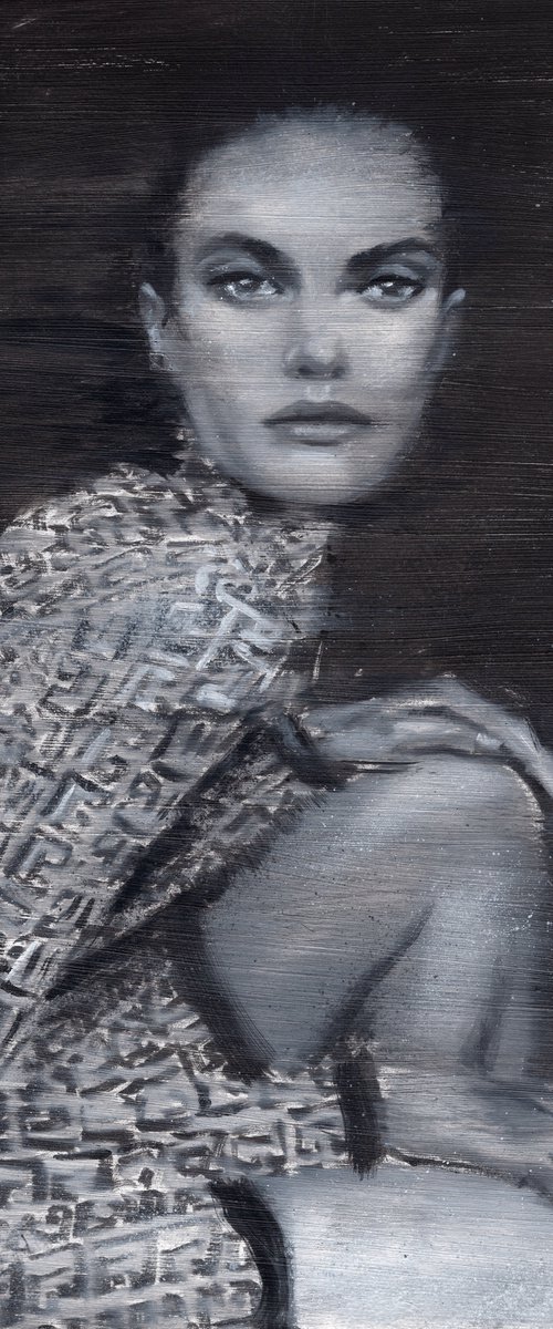 Barbara | Black and white oil painting on paper | fashion muse model woman lady wearing Fendi by Renske Karlien Hercules