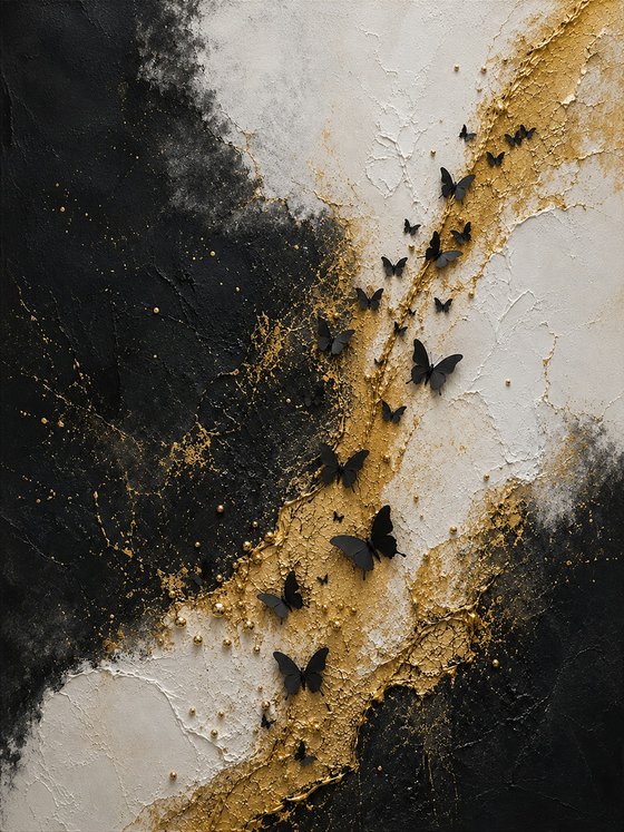 Black Butterflies over Abstract Gold