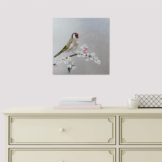 Goldfinch and Cherry Blossom on Silver