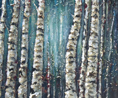 Birch Trees in Mist: An Impasto Canvas Journey by Lena Owens - OLena Art