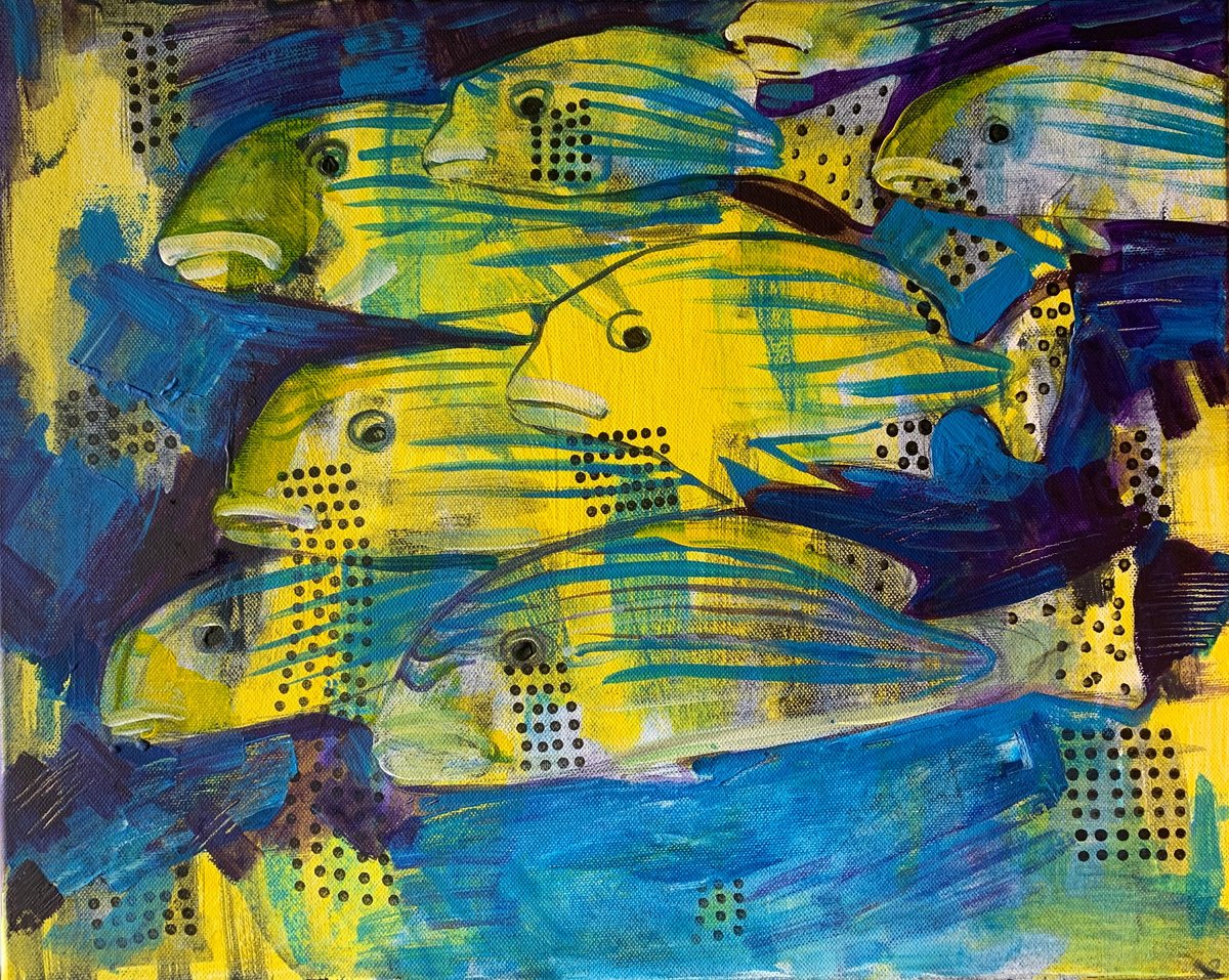 Impressionistic Animal Acrylic Painting By Olga Pascari, 20 X 16", Fish Life, Original Artwork