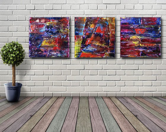 "Deep In Thought" - FREE WORLDWIDE SHIPPING - Original Large PMS Abstract Triptych Oil Paintings On Canvas - 60" x 20"