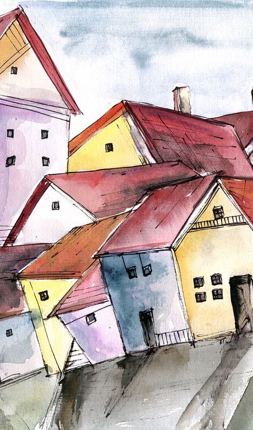 Houses on a lane by Aniko Hencz