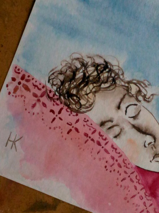 Girl and cat original watercolor painting" My morning. 5 o'clock"