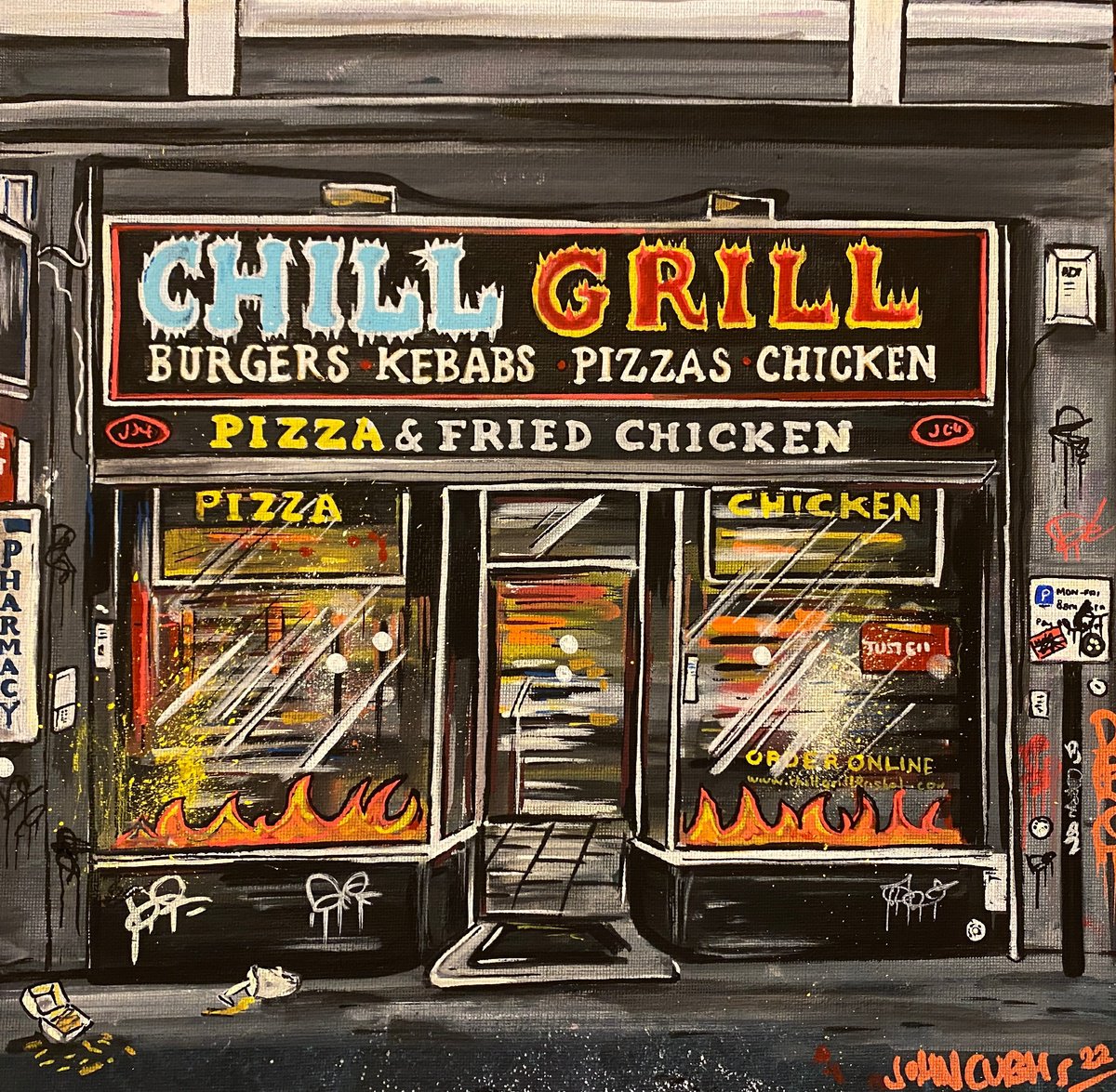 Illustrative Cityscapes Painting By John Curtis, 12 X 12, Chill Grill, Original Artwork