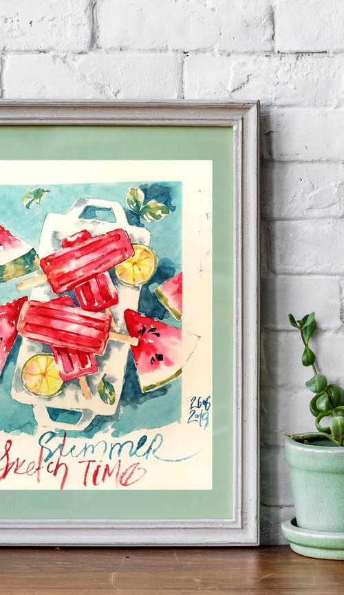 "Summer vibe" modern food still life with watermelon slices on a plate and ice cream watercolor sketch original - series "Artist's Diary" by Ksenia Selianko