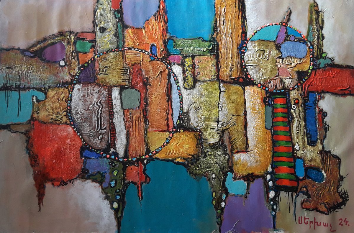 Abstract Landscape Oil Painting By Sergey Xachatryan, 33 X 22", Tapestry Of Anatolia, Original Artwork