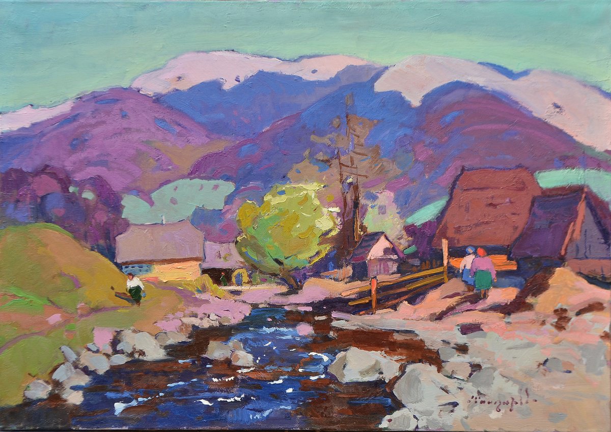 Impressionistic Landscape Oil Painting By Alexander Shandor, 31 X 24, Spring In The Village Of Negrovets, Original Artwork