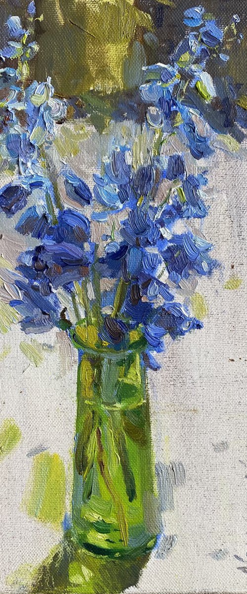 Blue Flowers in a Green Vase by Nataliia Nosyk