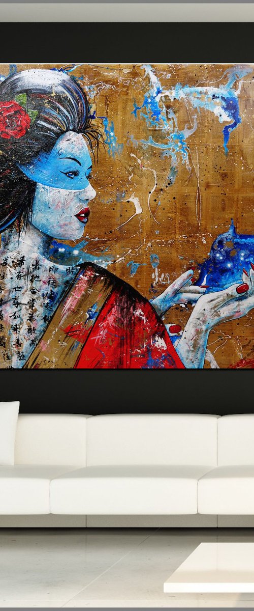 Cherry Aquatic 200cm x 150cm Geisha Abstract Realism Book Page Art by Franko