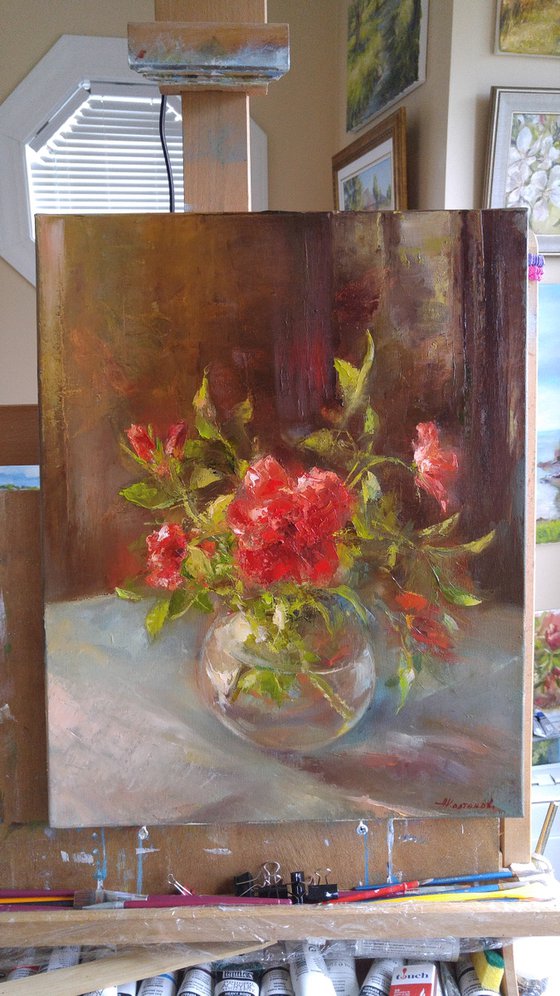 Wild roses, original, one of a kind, oil on canvas still life (16×20")