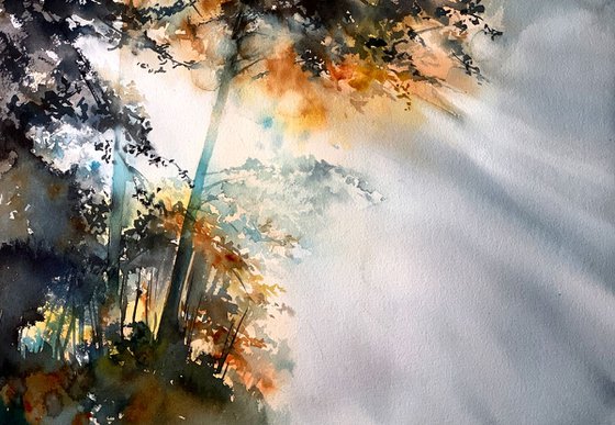 Autumnal forest, Light rays in a Morning fog Watercolor Painting