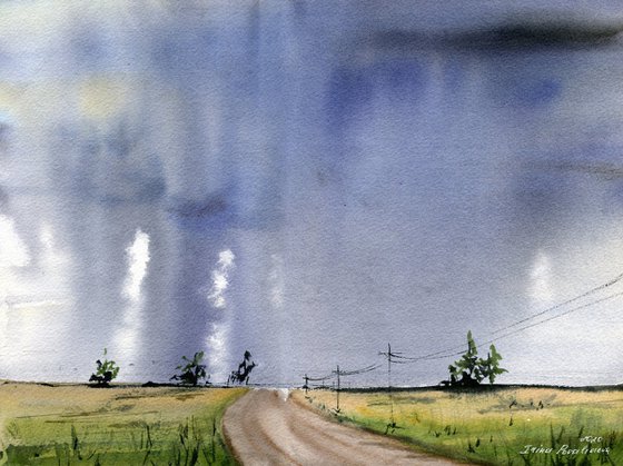 Thunderstorm over the road gift for her original art, decor for business, medium formar