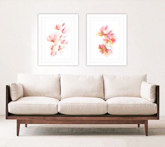 Abstract watercolor flower painting set "Apple blossom"