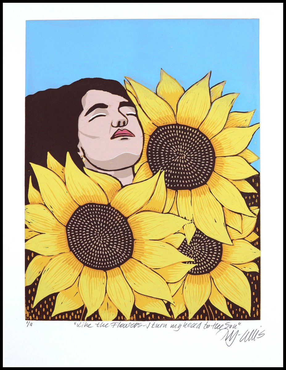 Botanical Linocut By Mariann Johansen-Ellis, 14 X 18", Sunflowers, Original Artwork