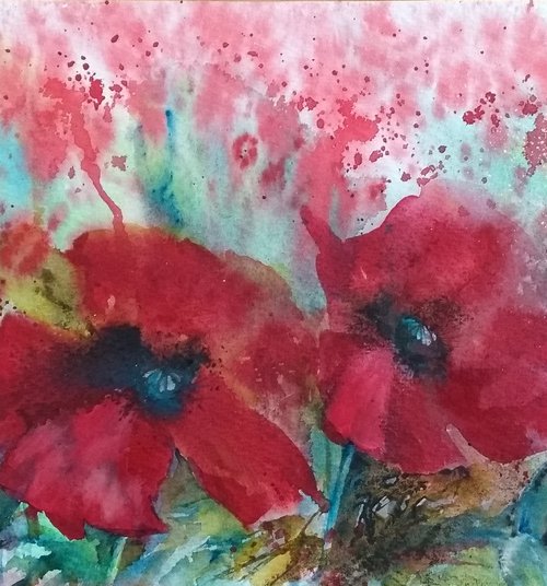 Poppy painting, Original watercolour painting, Floral Wall Art, panoramic, contemporary by Anjana Cawdell