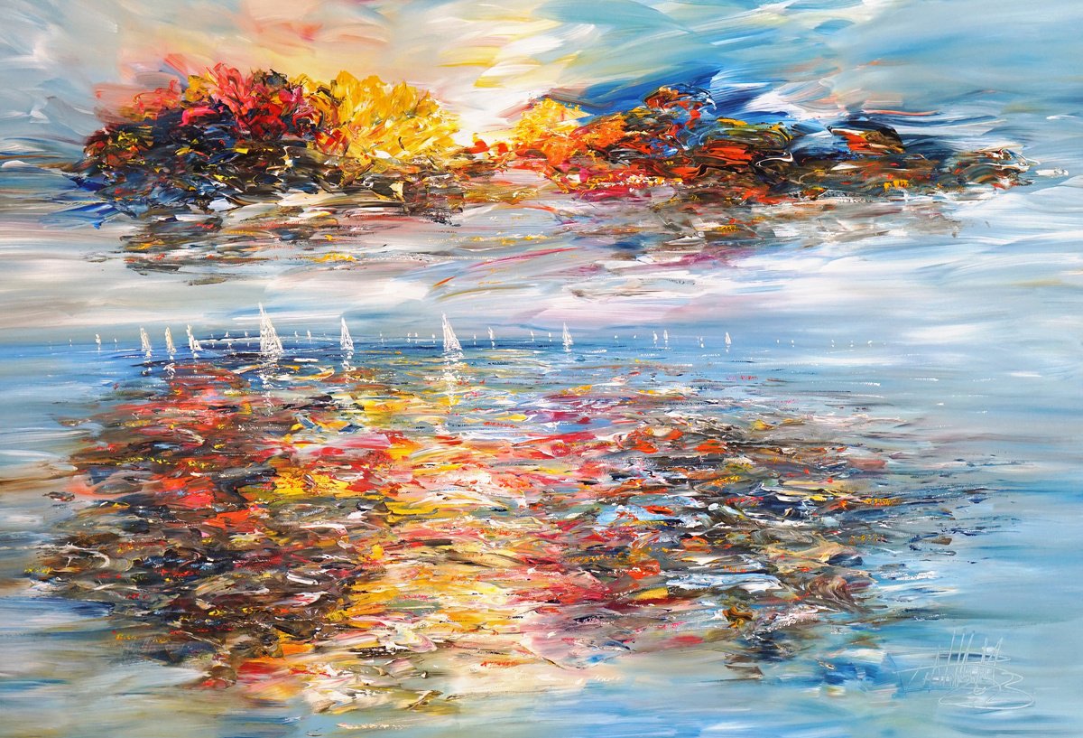 Abstract Acrylic Painting By Peter Nottrott, 61 X 41", Seascape Sailing Impressions D 24, Original Artwork