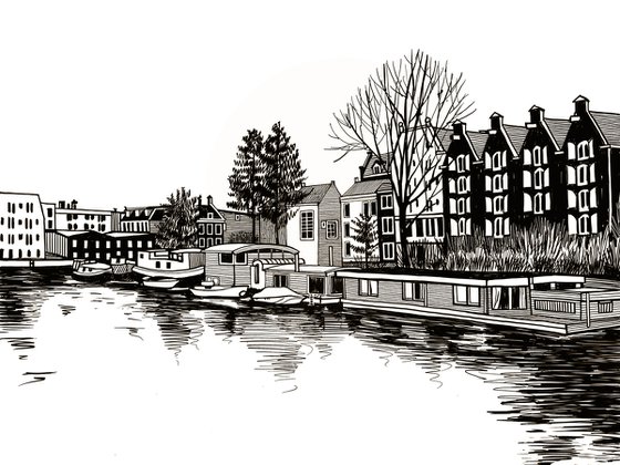 Houses on water and boats on a canal of Amsterdam, Netherlands.